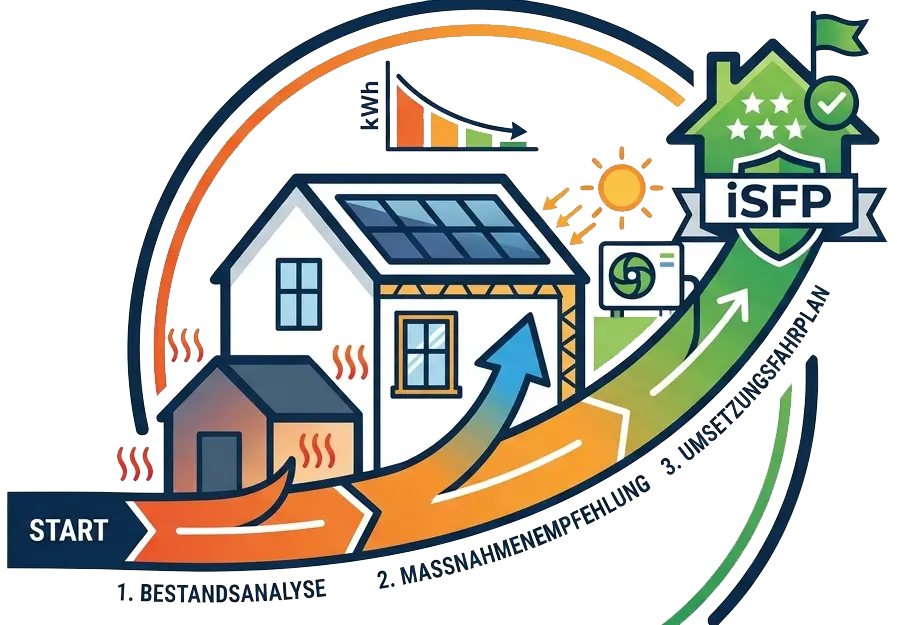 Infografik zum iSFP-Prozess: 1. Bestandsanalyse, 2. Maßnahmenempfehlung, 3. Umsetzungsfahrplan. Gezeigt wird ein Haus mit PV-Anlage und Wärmepumpe sowie eine sinkende Energieverbrauchskurve.